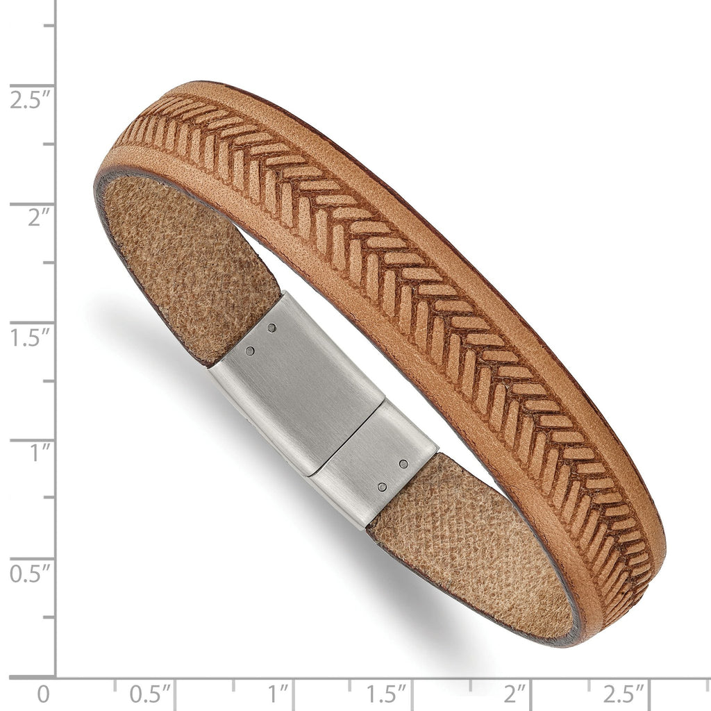 Stainless Steel Polished Textured Tan Italian Leather Bracelet for Men