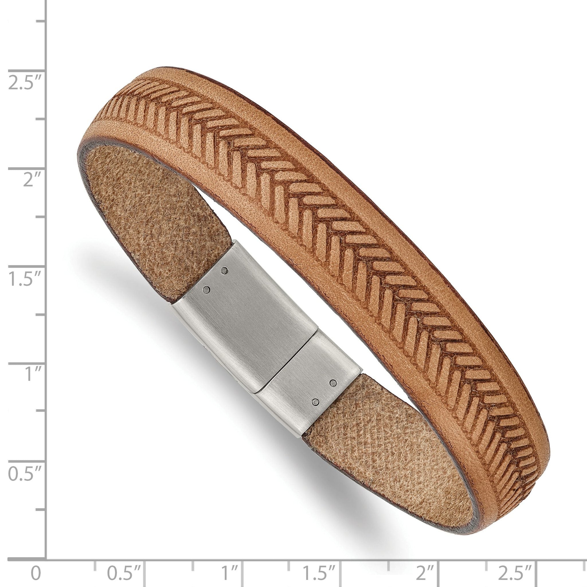 Stainless Steel Polished Textured Tan Italian Leather Bracelet for Men
