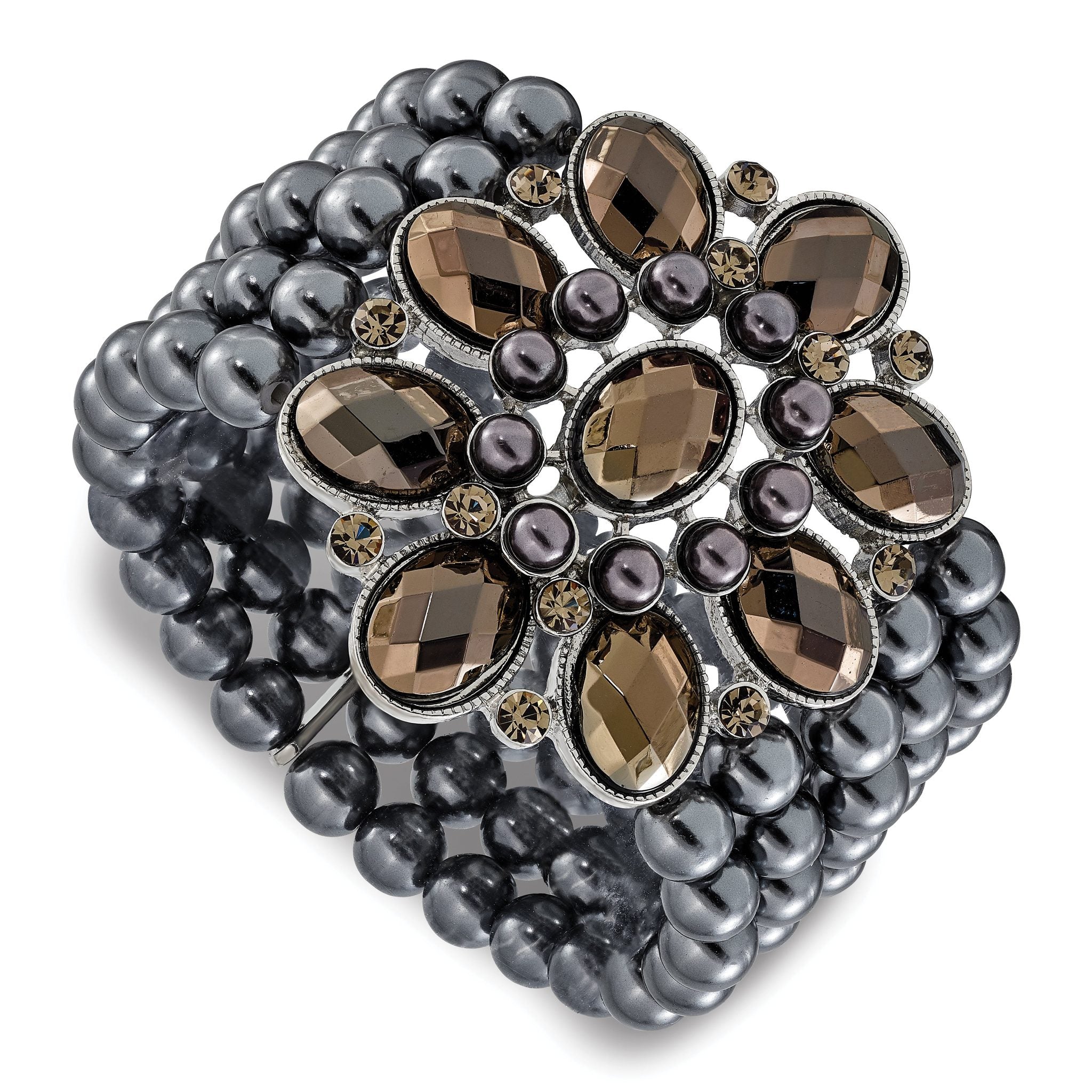 1928 Jewelry Wide Black-plated Floral Frame with Jet Black and Hematite Faceted Acrylic Beads and Round Black Smooth Bead Five Row Stretch Bracelet Main image
