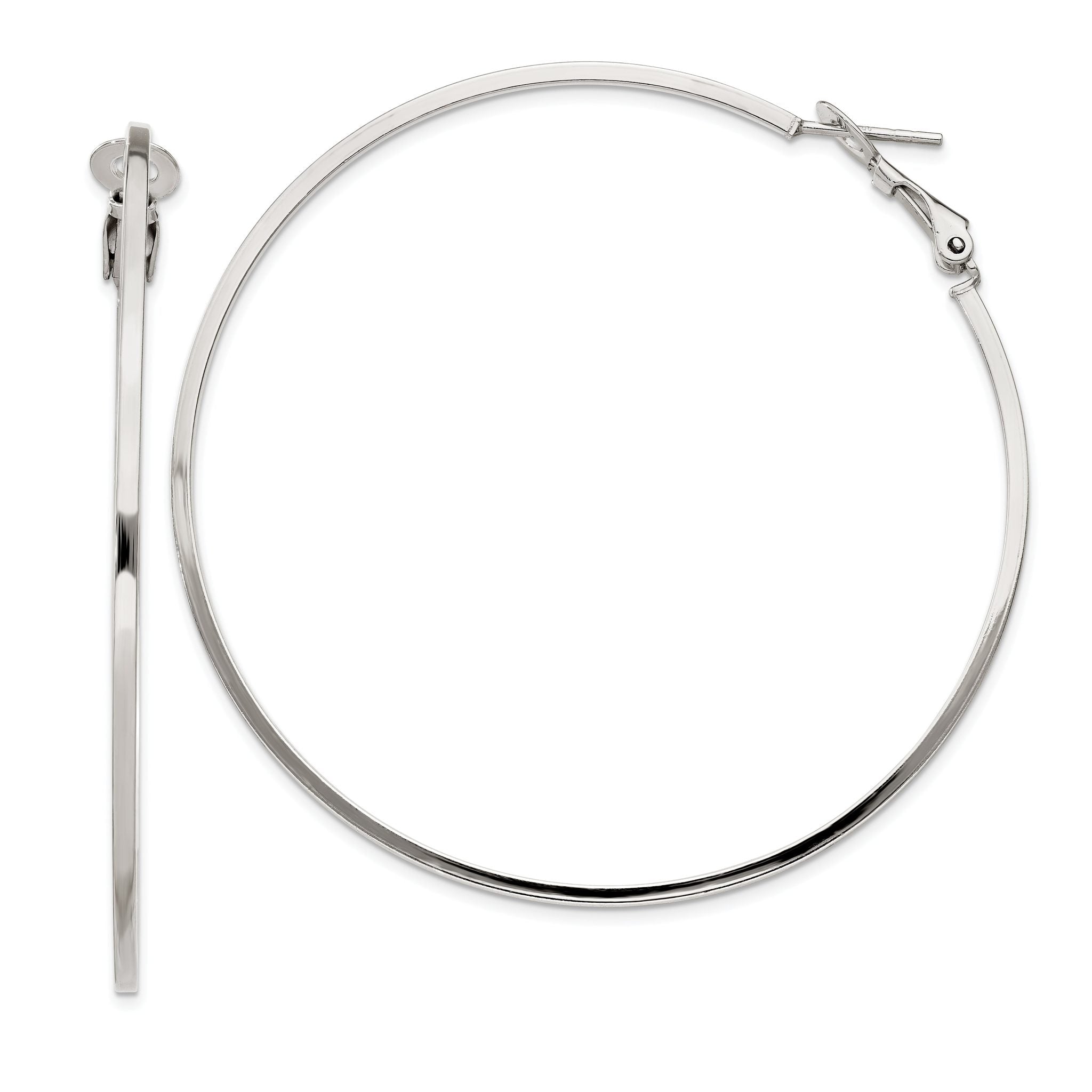 Sterling Silver RH-plated 1.5x60mm Omega Back Round Hoop Earrings