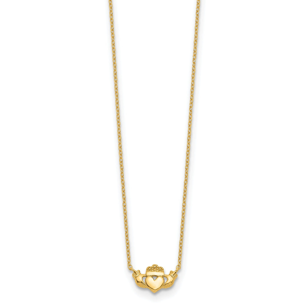 14K Gold Polished Claddagh Necklace Elegant Women's Jewelry 17 Inch