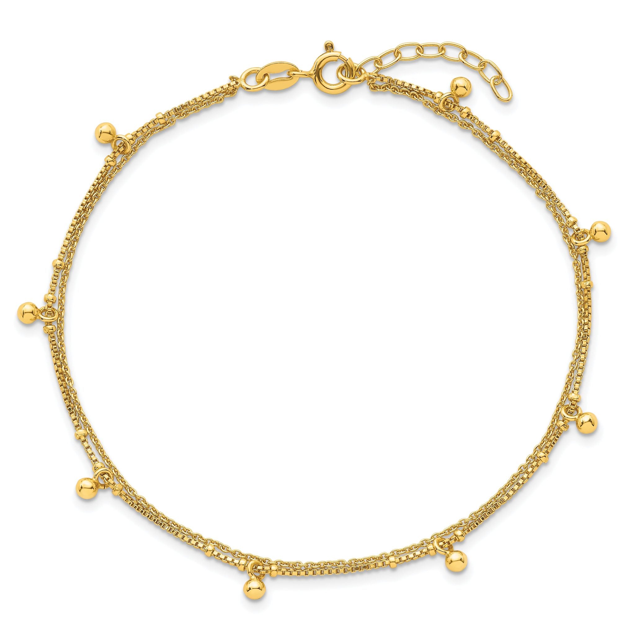 Sterling Silver Gold-tone Beaded 2-Strand 9 inch Plus 1 inch Extender - Total 10 inch Anklet