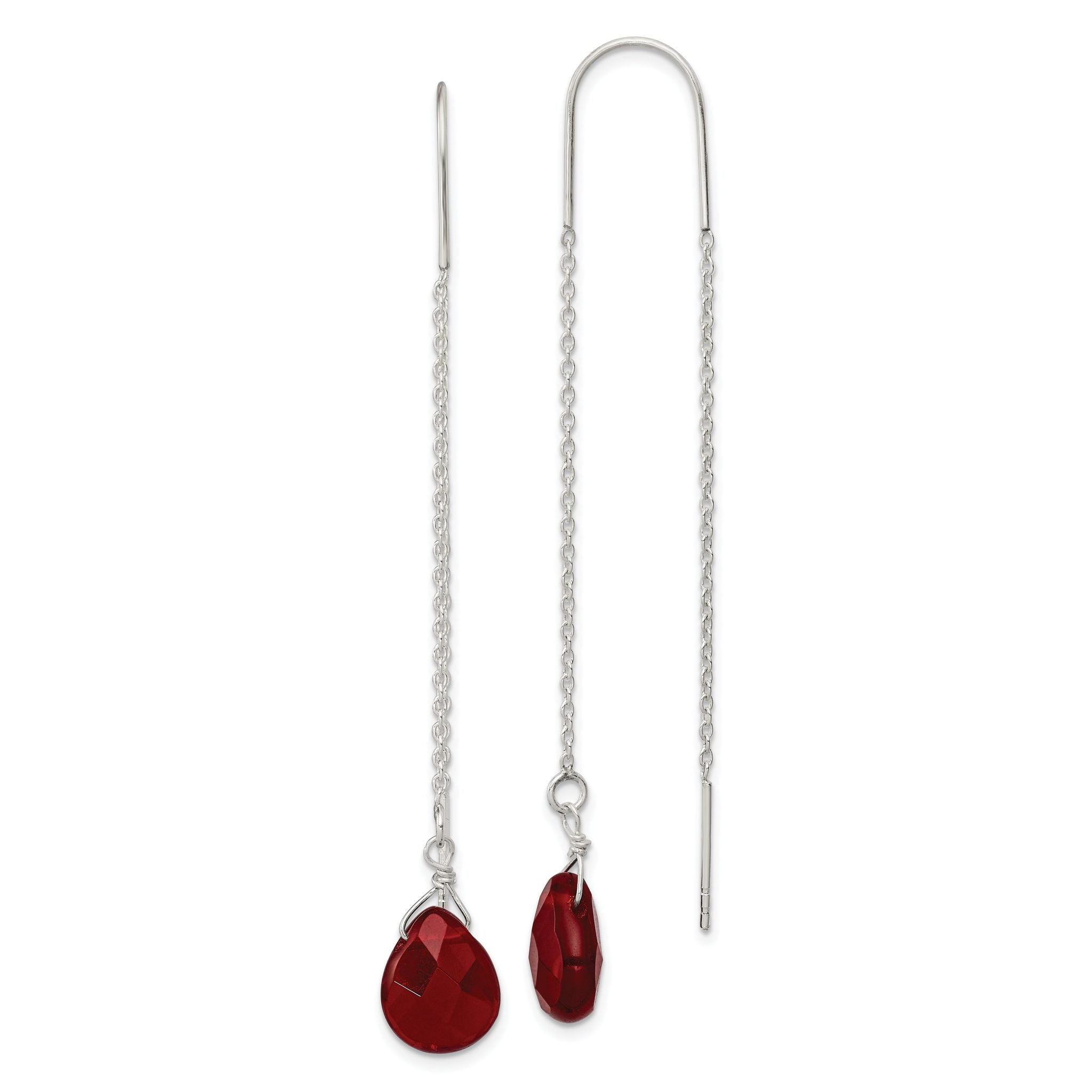 Sterling Silver Polished Faceted Red Crystal Teardrop Threader Earrings Main image