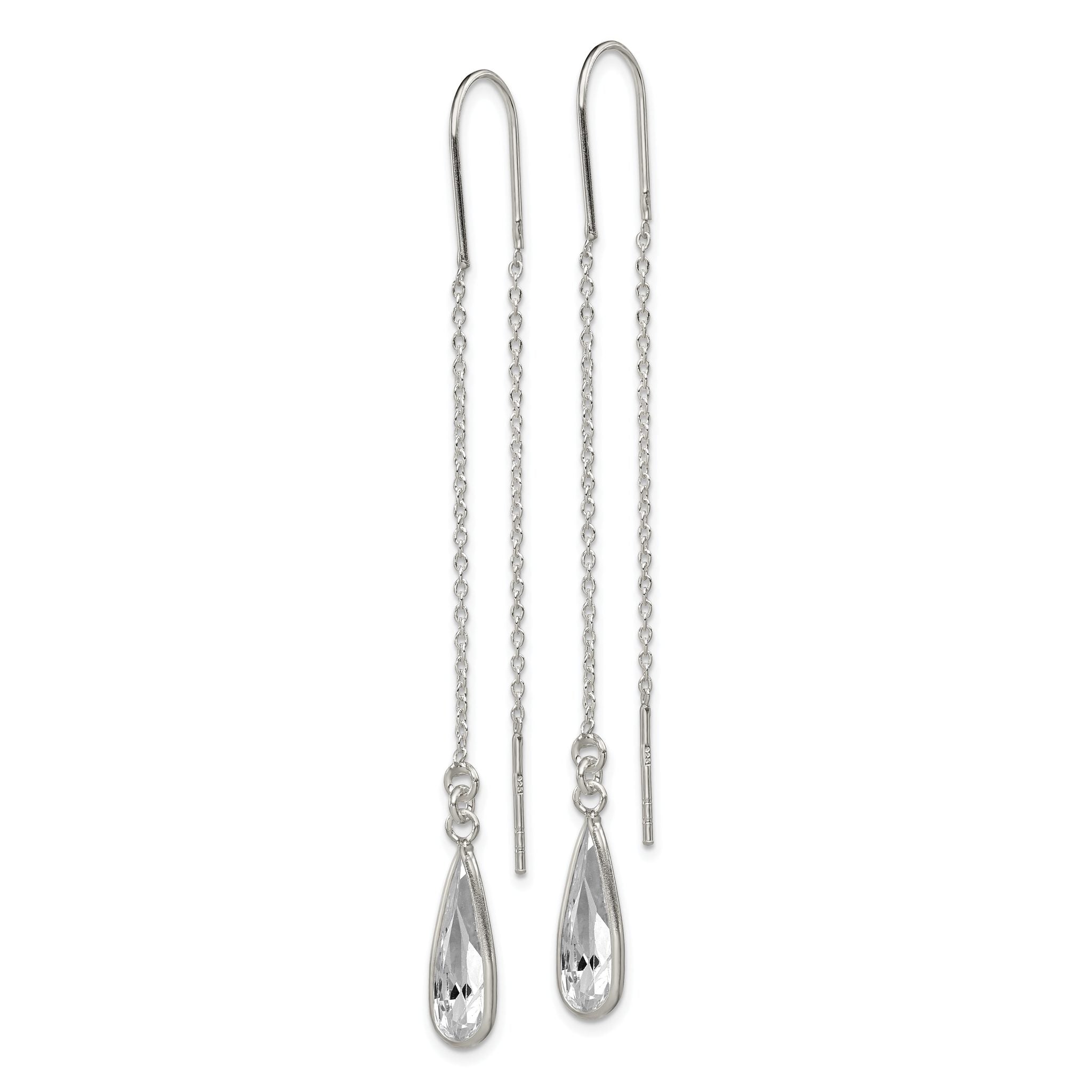 Sterling Silver Polished Crystal Teardrop Threader Earrings Secondary image