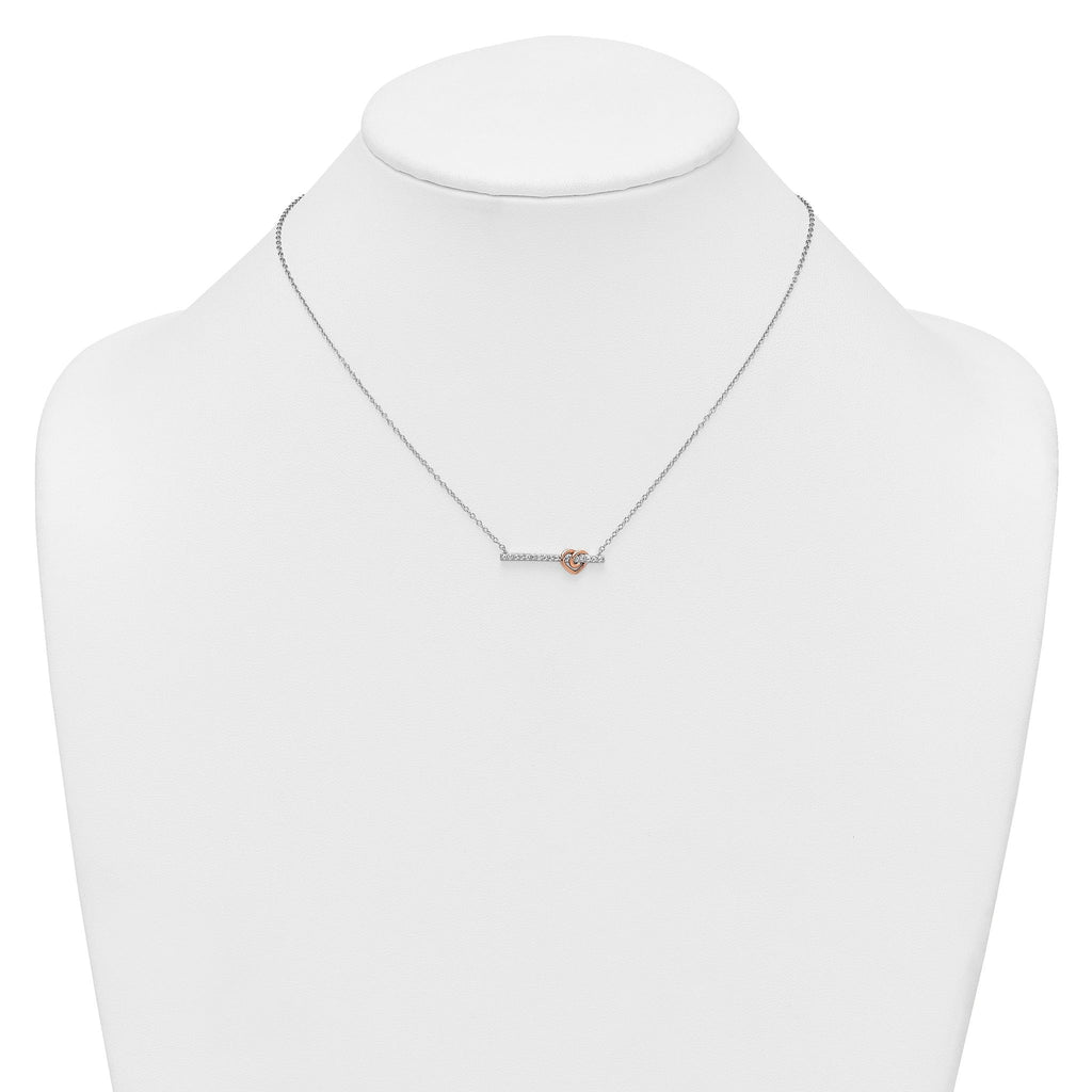 Sterling Silver Rhodium-plated and Rose-tone Polished CZ Heart Bar 16 Inch with 2 Inch Extension Necklace