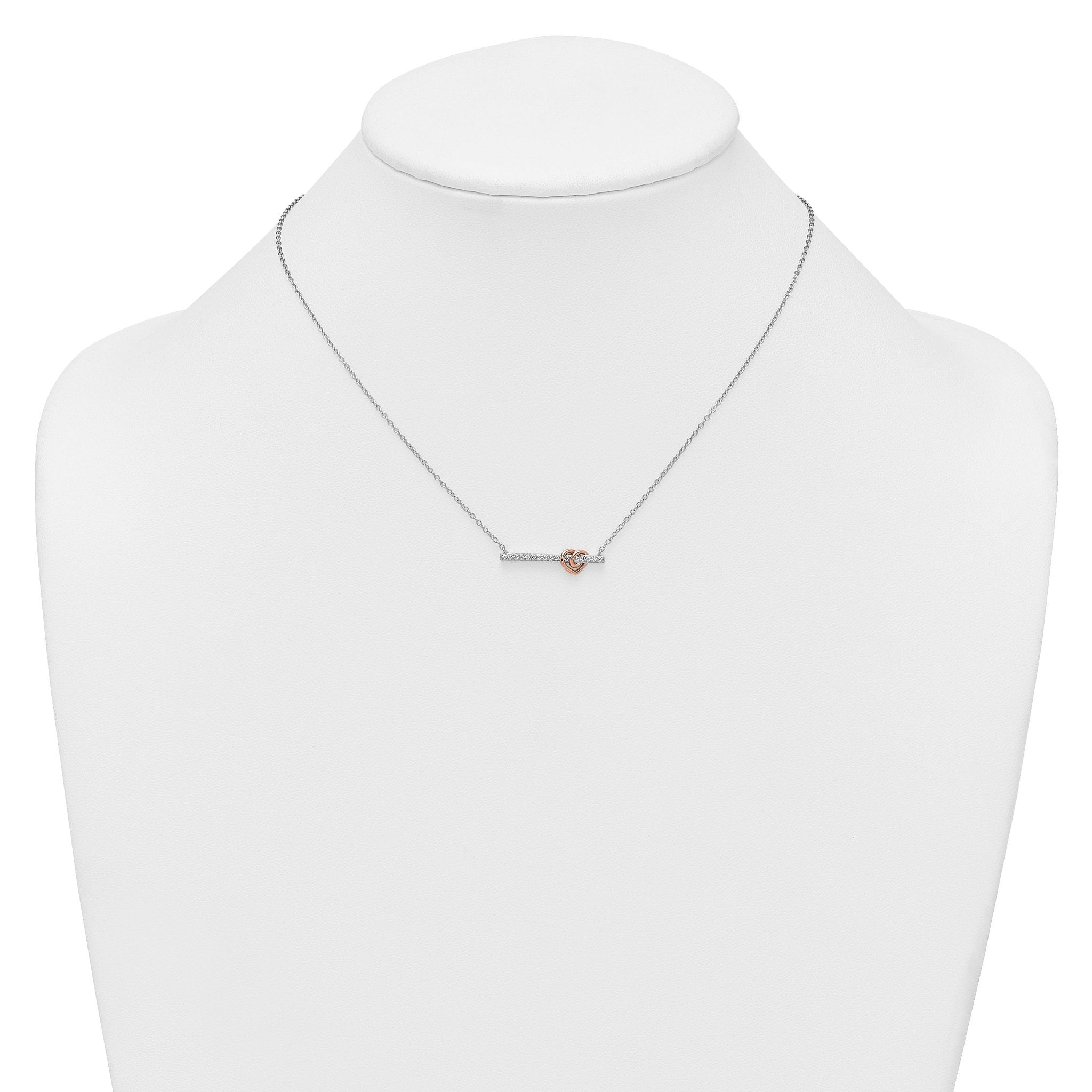 Sterling Silver Rhodium-plated and Rose-tone Polished CZ Heart Bar 16 Inch with 2 Inch Extension Necklace
