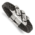 Stainless Steel Antiqued and Polished Black Leather Bracelet for Men
