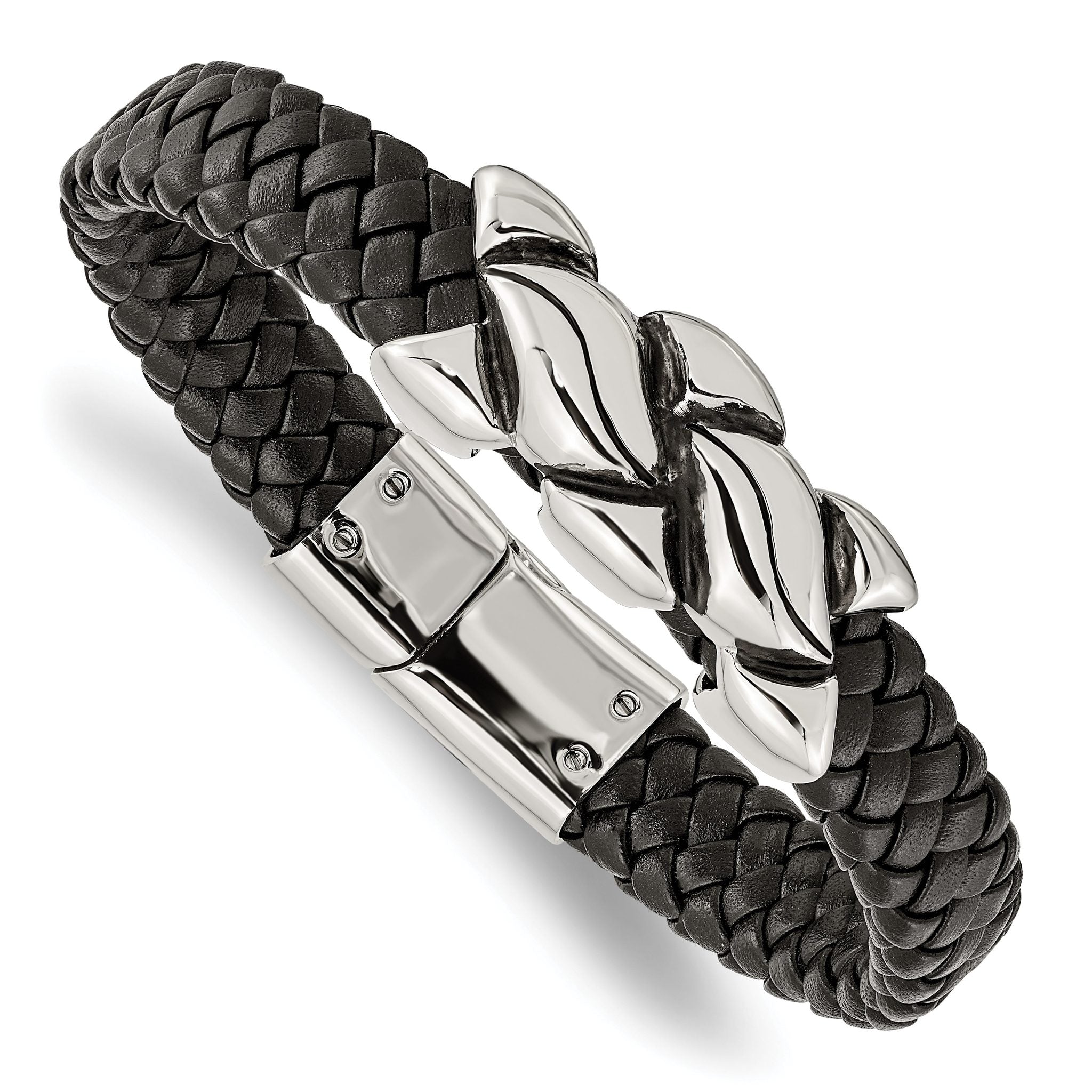 Stainless Steel Antiqued and Polished Black Leather Bracelet for Men