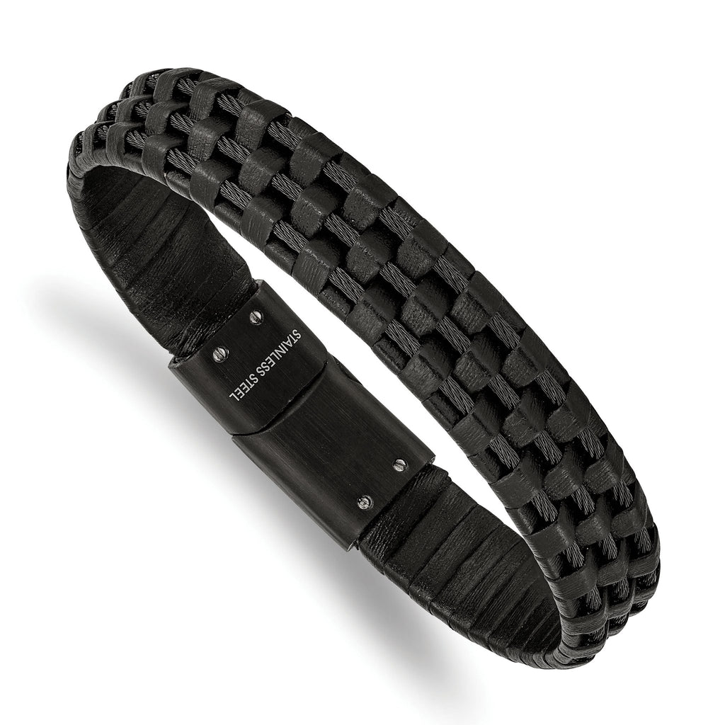 Stainless Steel Brushed and Polished Black IP-plated Wire Cable and Black Leather Bracelet for Men