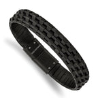 Stainless Steel Brushed and Polished Black IP-plated Wire Cable and Black Leather Bracelet for Men
