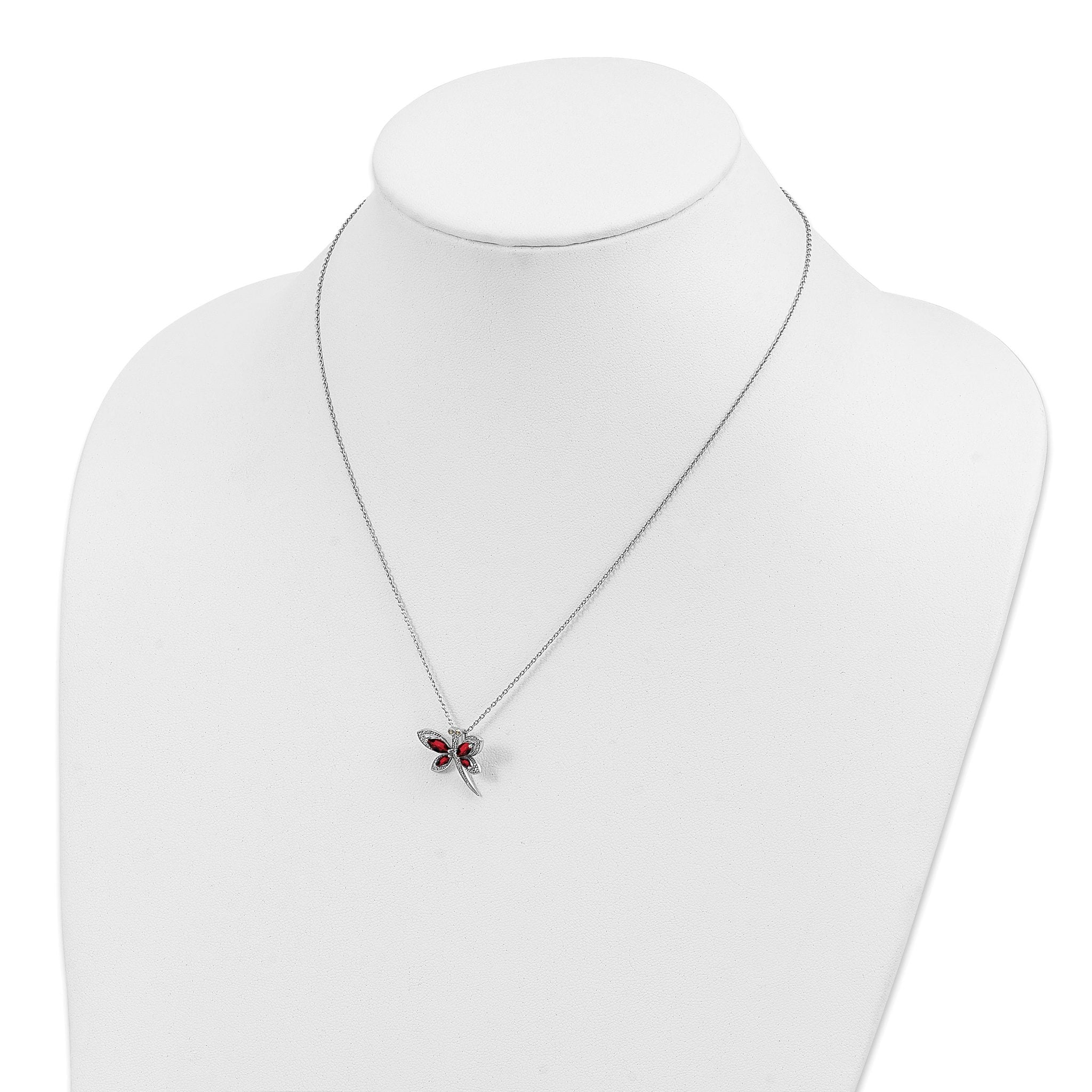 Sterling Silver/14k RH-pltd Garnet/Dia. Dragonfly 18in w/2 ext Necklace