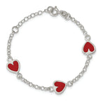 Sterling Silver Polished & Red Enamel Heart With  1in ext Children's Bracelet