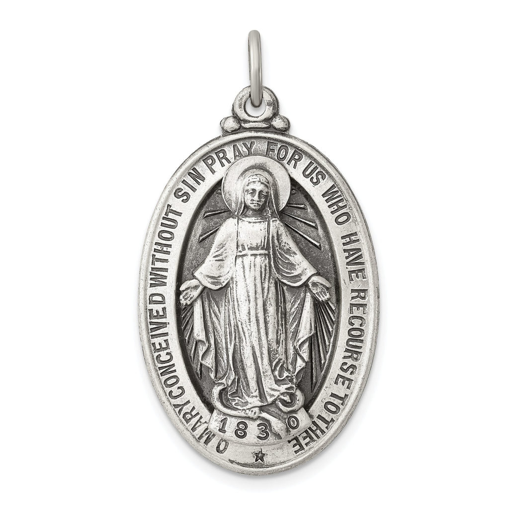 Sterling Silver 925 Antiqued Miraculous Medal Pendant Vintage Elegance