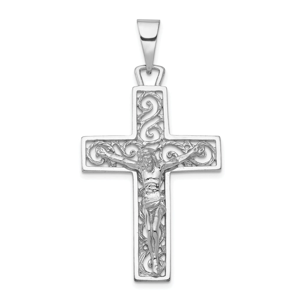 14K White Gold Crucifix Pendant with Rhodium Plating Solid and Elegant
