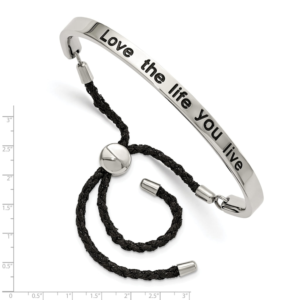 Stainless Steel Polished Black Enamel & Fabric Love Life Adjustable Bangle Bracelet for Women