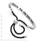 Stainless Steel Polished Black Enamel & Fabric Love Life Adjustable Bangle Bracelet for Women