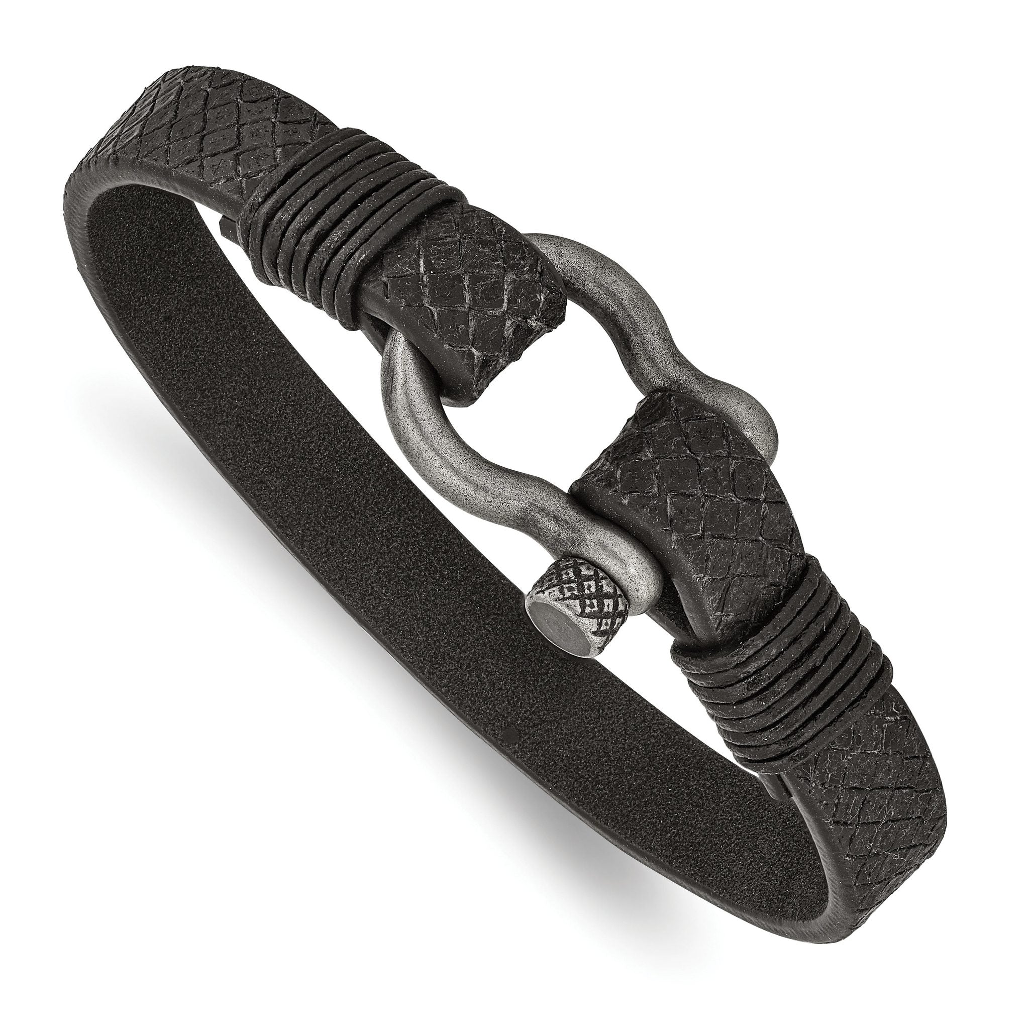 Stainless Steel Antiqued White Bronze Plated Shackle Textured Black Leather Bracelet for Men