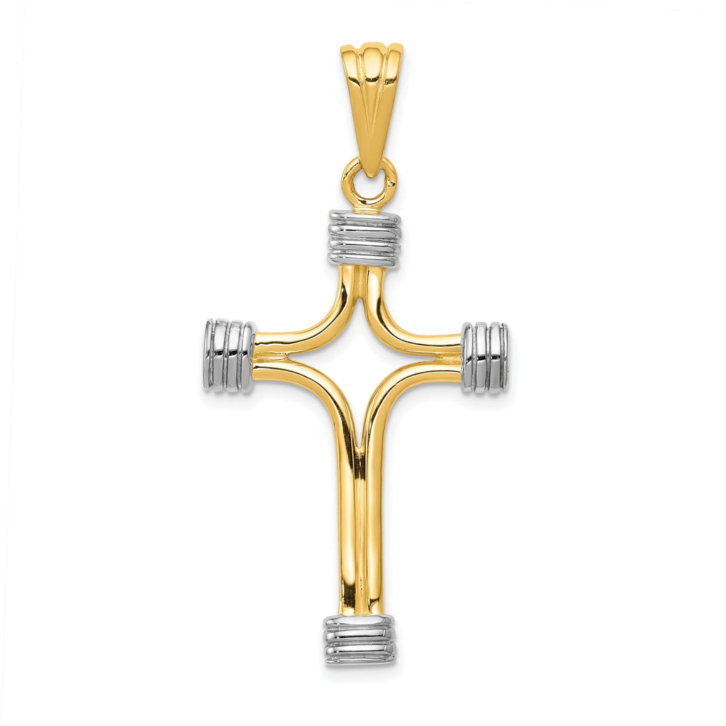 14K Gold and Rhodium Fancy Cross Pendant, Reversible Polished Design