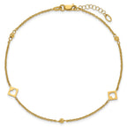 14k Polished Cut-out Hearts and Diamond-cut Beads 9 inch Plus 1 inch Extender - Total 10 inch Anklet