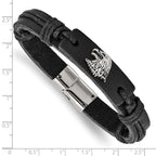 Stainless Steel Antiqued and Polished Eagle Head Black Leather Bracelet for Men
