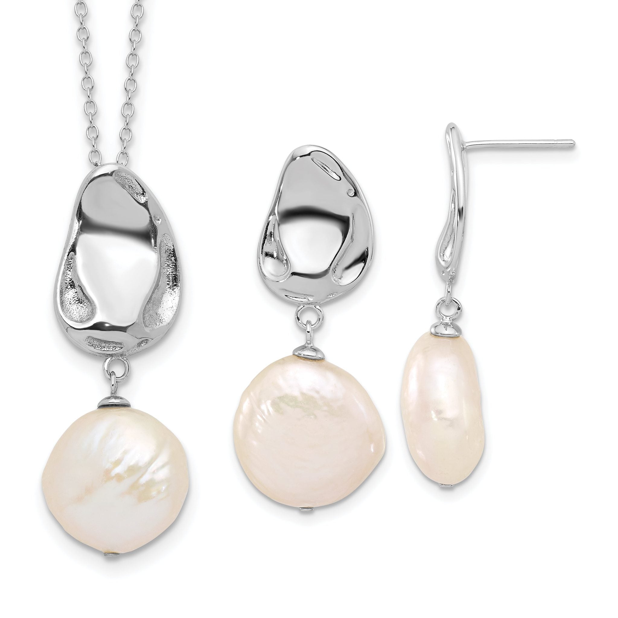 Sterling Silver Rhodium-plated 13-14mm White Coin Freshwater Cultured Pearl 17 inch Necklace and Post Dangle Earrings Set Main image