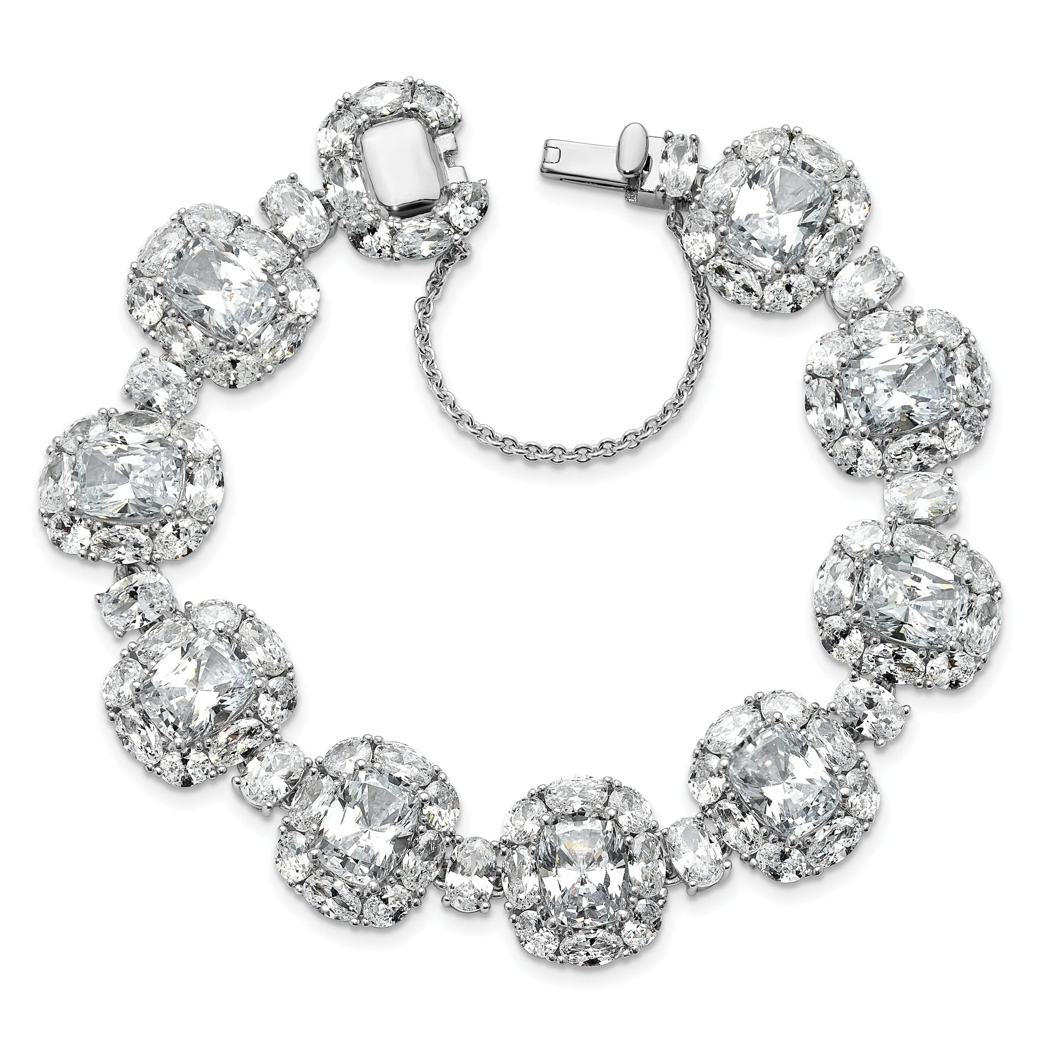 Cheryl M Sterling Silver Rhodium-plated Polished Fancy Cushion-cut CZ Halo Cluster with Safety Chain Bracelet Main image