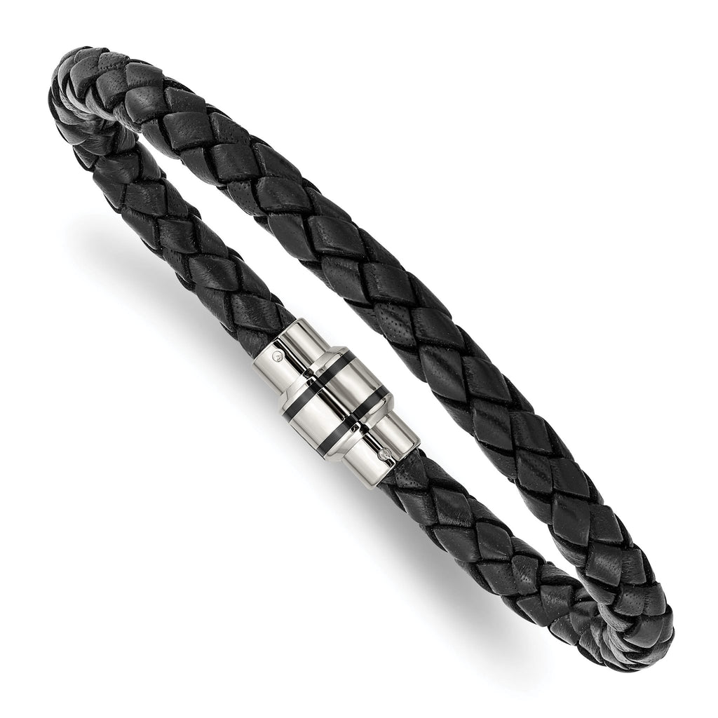 Stainless Steel Polished Black IP-plated Black Braided Leather Bracelet for Men