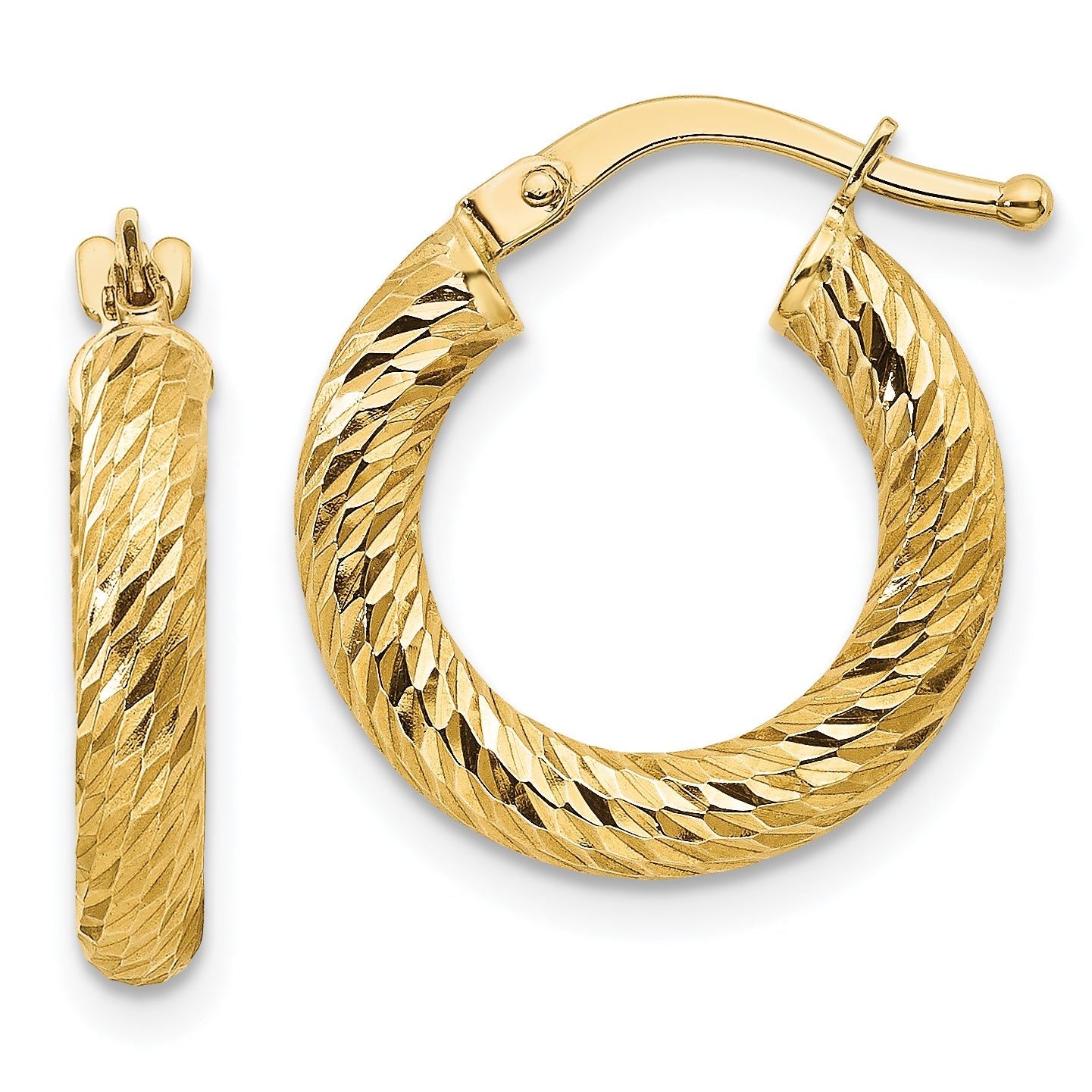 10K Gold Diamond-Cut Round Hoop Earrings with Polished Finish for Women