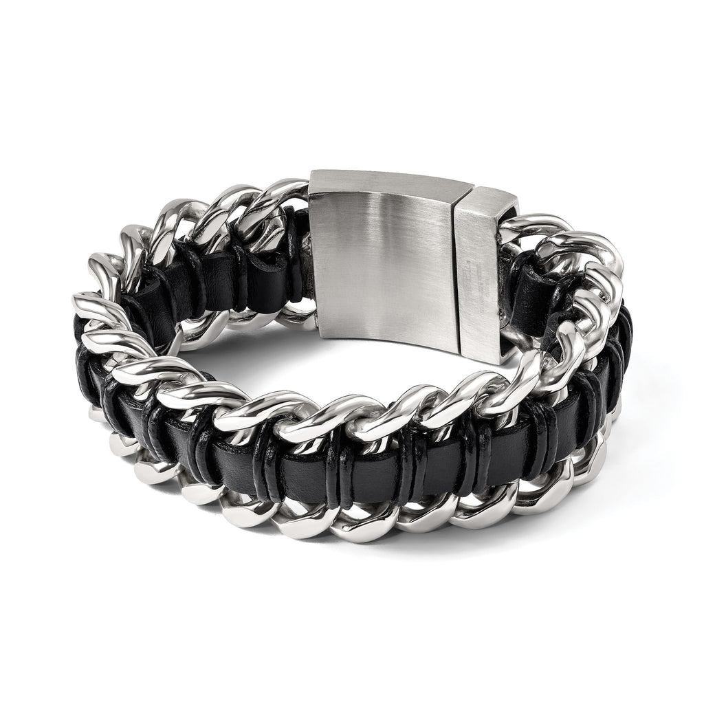Stainless Steel Brushed and Polished Black Leather Bracelet for Men