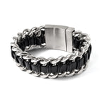 Stainless Steel Brushed and Polished Black Leather Bracelet for Men
