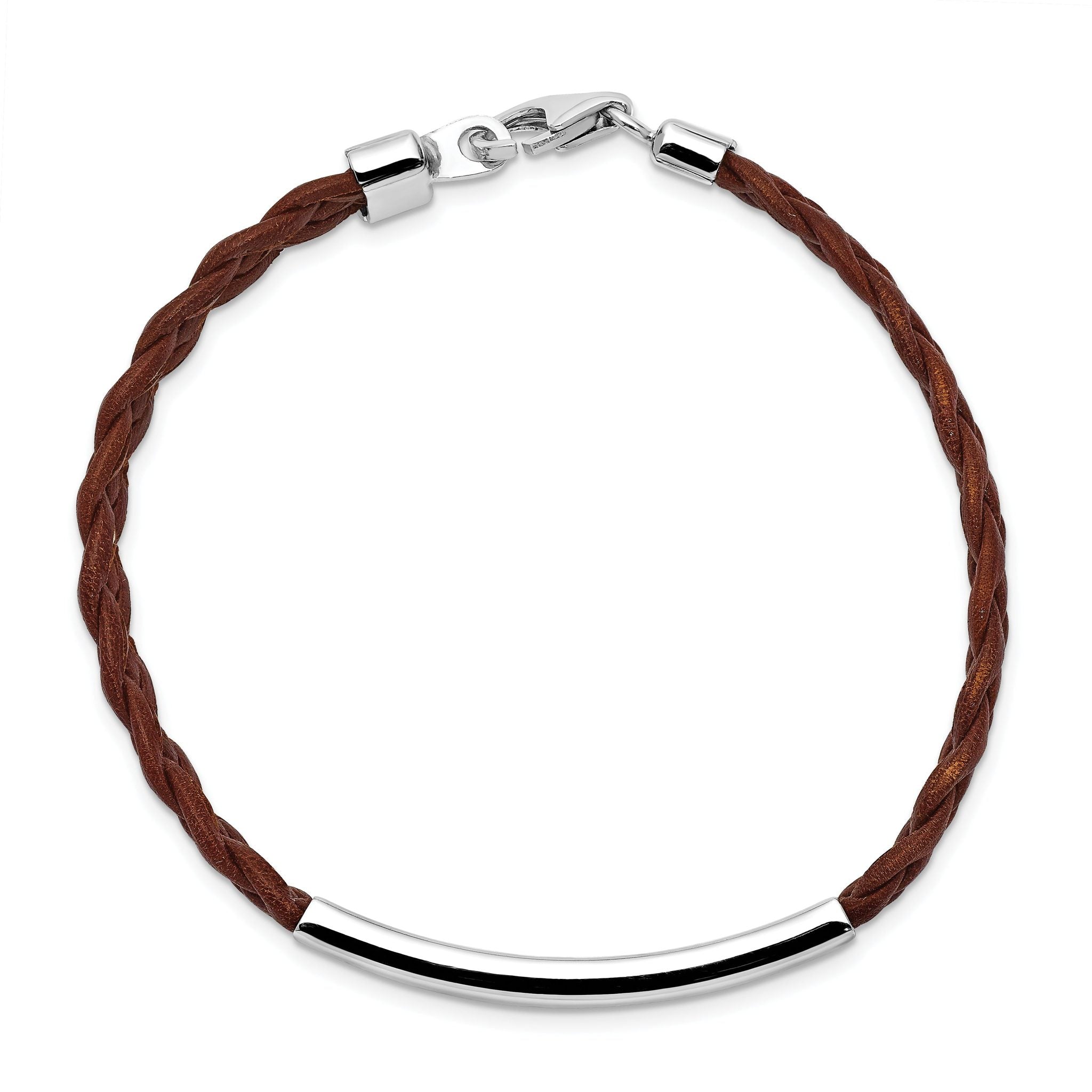 Sterling Silver Rhodium-plated Brown Braided Leather Bracelet Secondary image