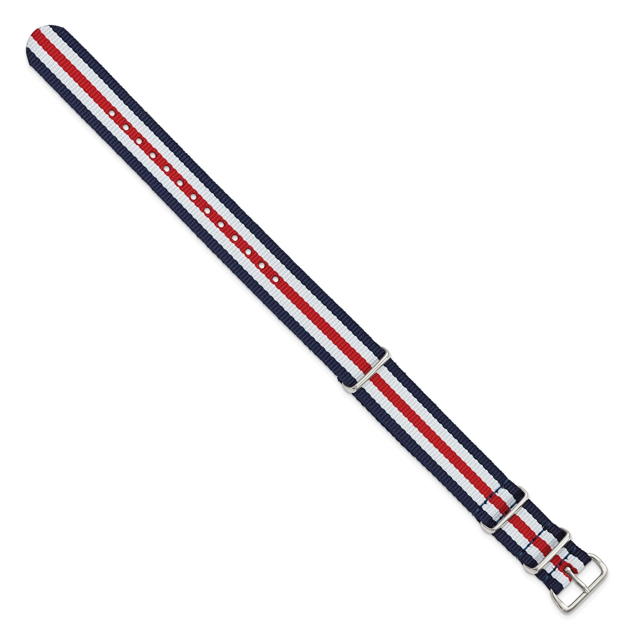Striped Ballistic Nylon Watch Band in Navy, Red & White, 20mm
