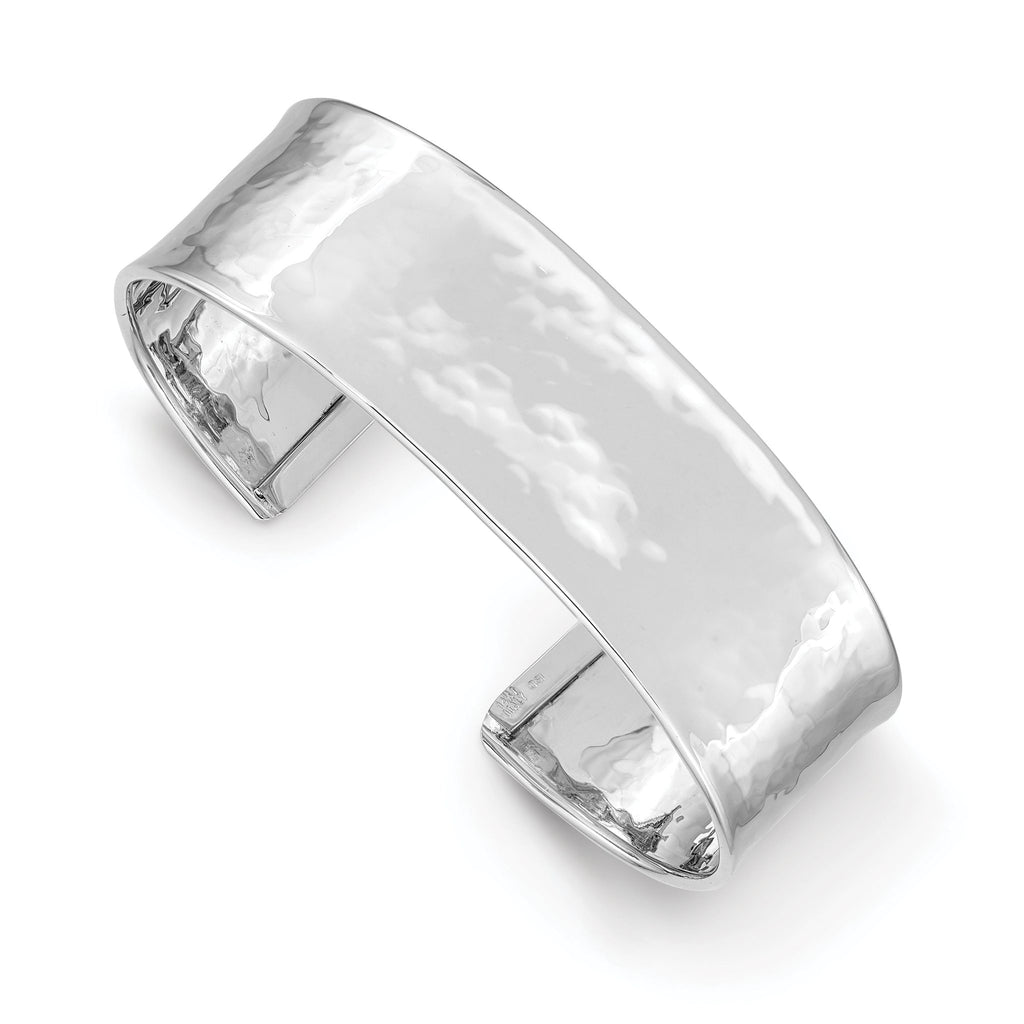 14K White Gold Hammered Cuff Bangle with Polished Finish