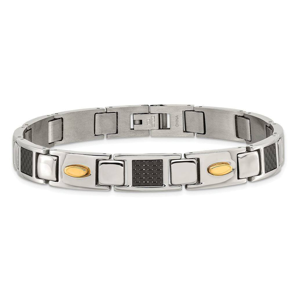Stainless Steel Polished Yellow IP-plated with Black Carbon Fiber Inlay Link Bracelet for Men