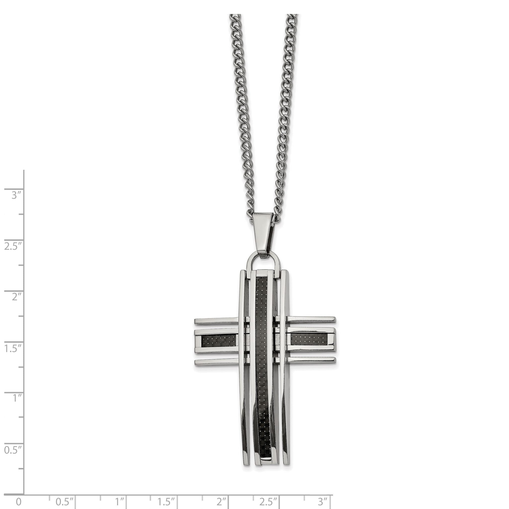 Chisel Stainless Steel Polished with Black Carbon Fiber Inlay Cross Pendant on a 24 inch Curb Chain Necklace Secondary image