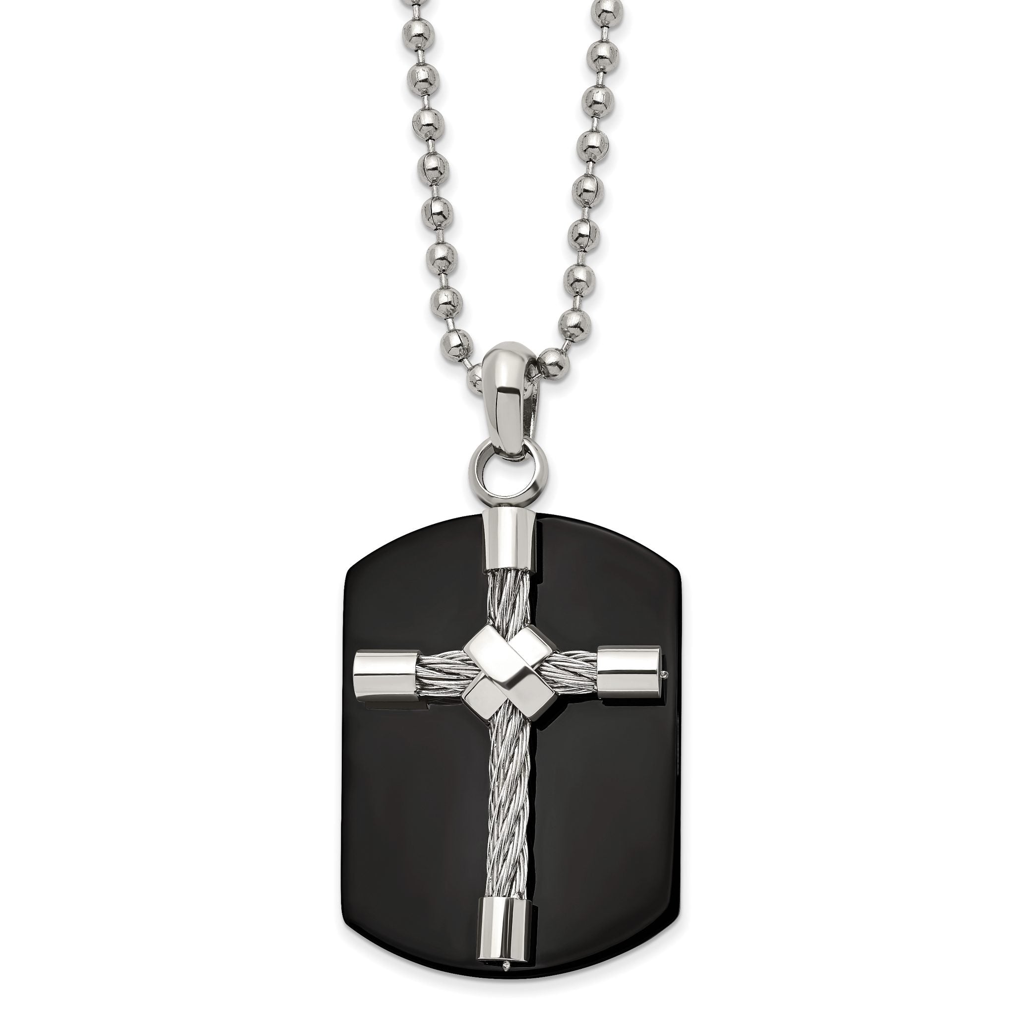 Chisel Stainless Steel Polished Black IP-plated Wire Cross Dog Tag on a 24 inch Ball Chain Necklace Main image
