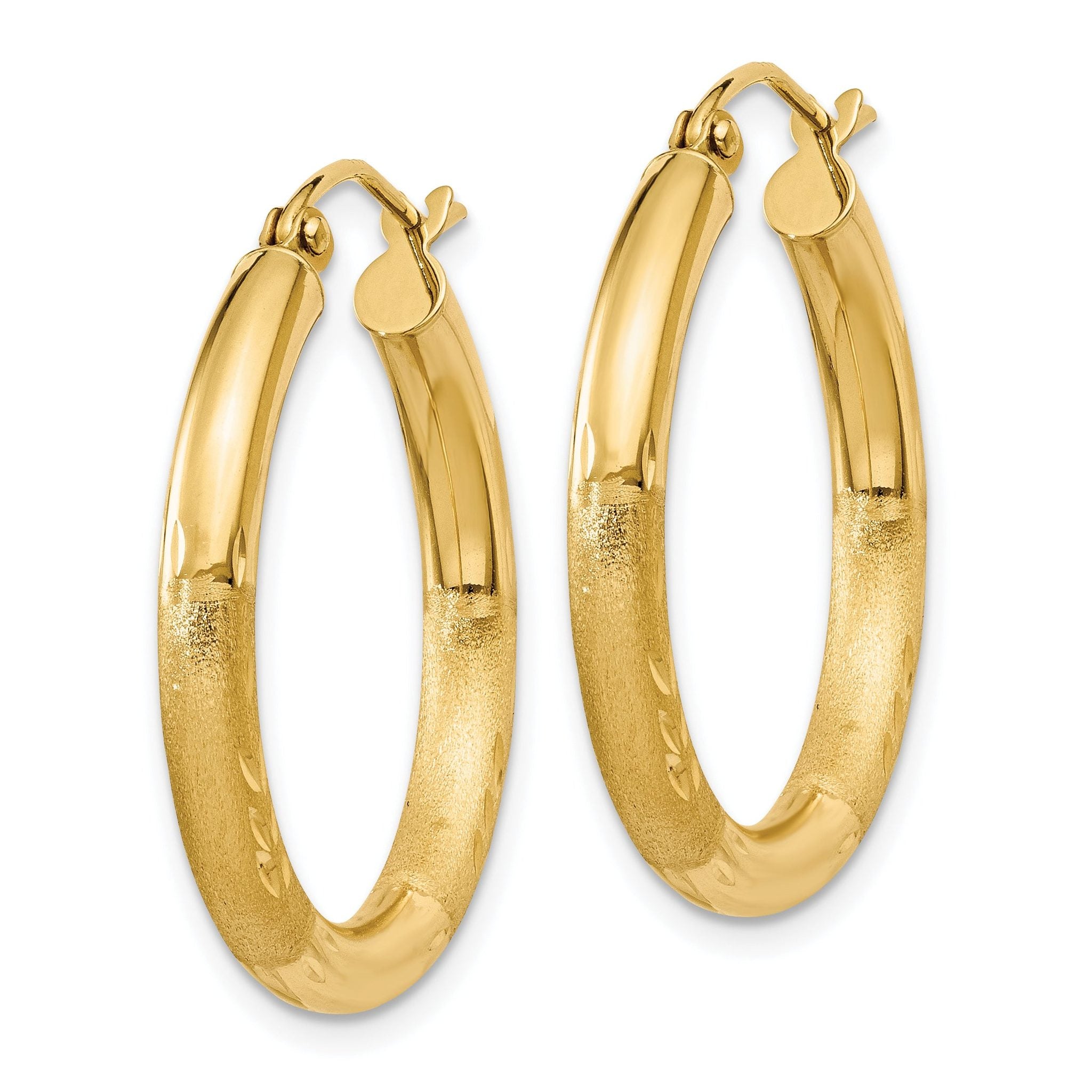 10k Satin & Diamond-cut 3mm Round Hoop Earrings Secondary image