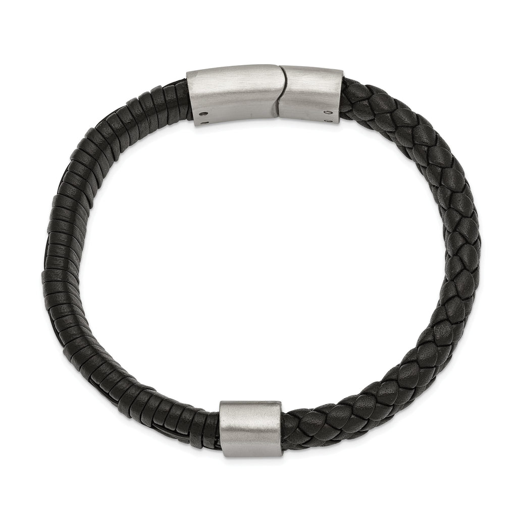 Stainless Steel Brushed Black Leather Bracelet for Men
