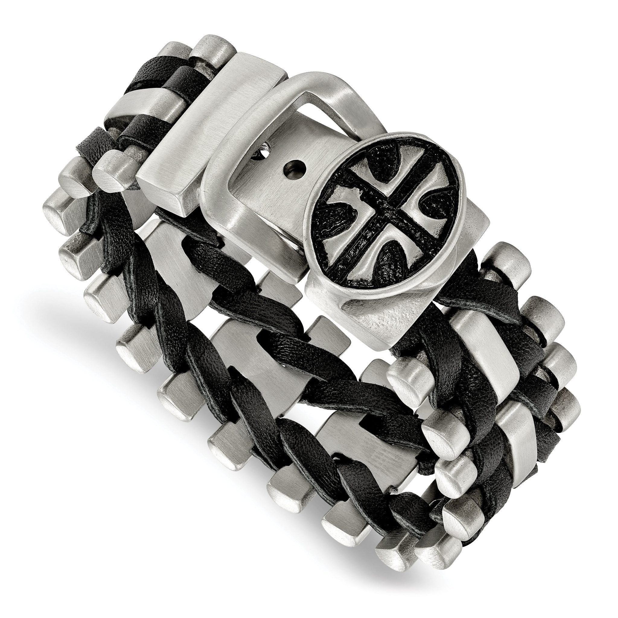 Stainless Steel Antiqued and Brushed Cross Buckle with Black Leather Adjustable Bracelet for Men