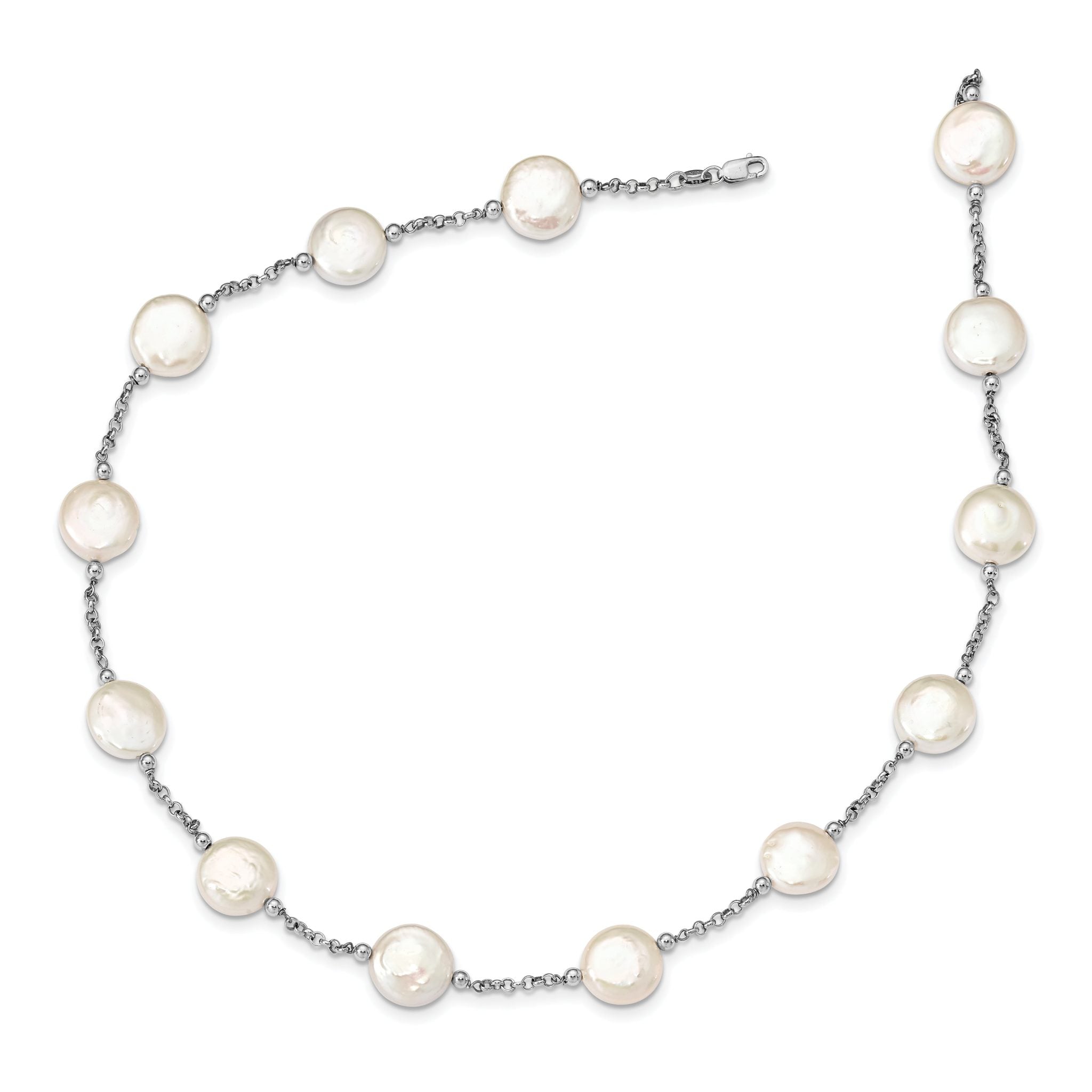 Sterling Silver Rh-pltd 12-13mm White Coin FWC Pearl 13-station Necklace Secondary image