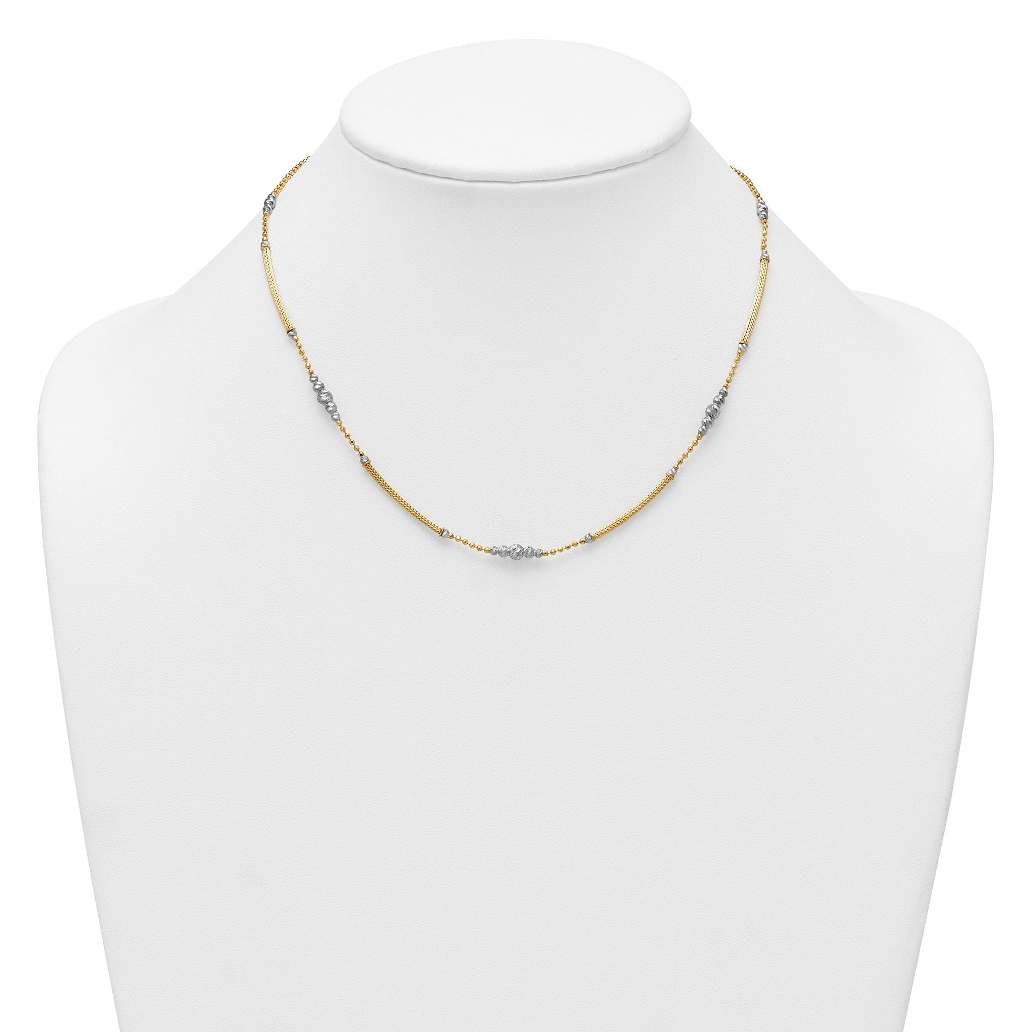 14k Two-Tone Woven Bars and Diamond-cut Beads 16.75 inch Necklace