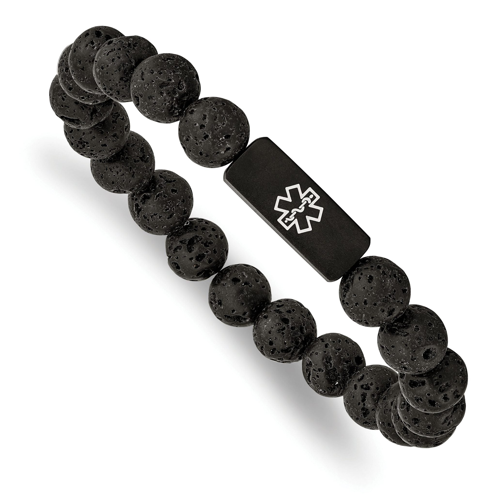 Stainless Steel Brushed Black IP-plated with White Enamel Medical ID 8.5mm Lava Stone Beaded Stretch Bracelet