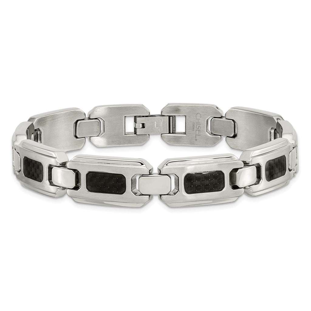 Stainless Steel Brushed and Polished with Black Carbon Fiber Inlay Link Bracelet for Men