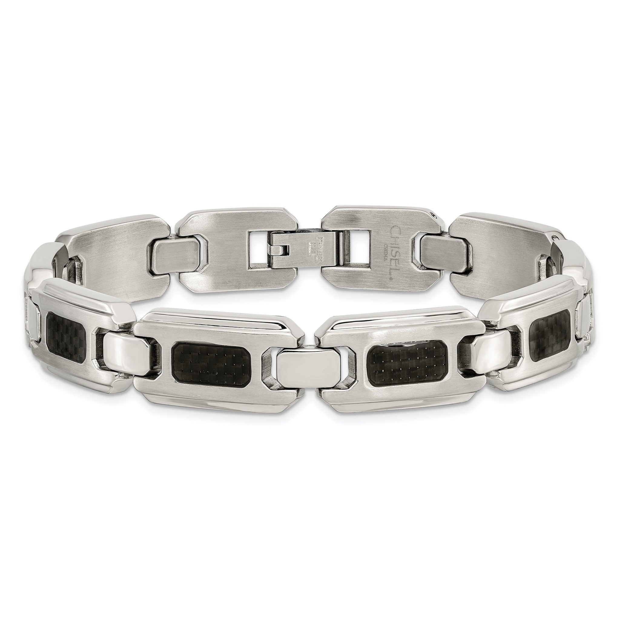 Stainless Steel Brushed and Polished with Black Carbon Fiber Inlay Link Bracelet for Men