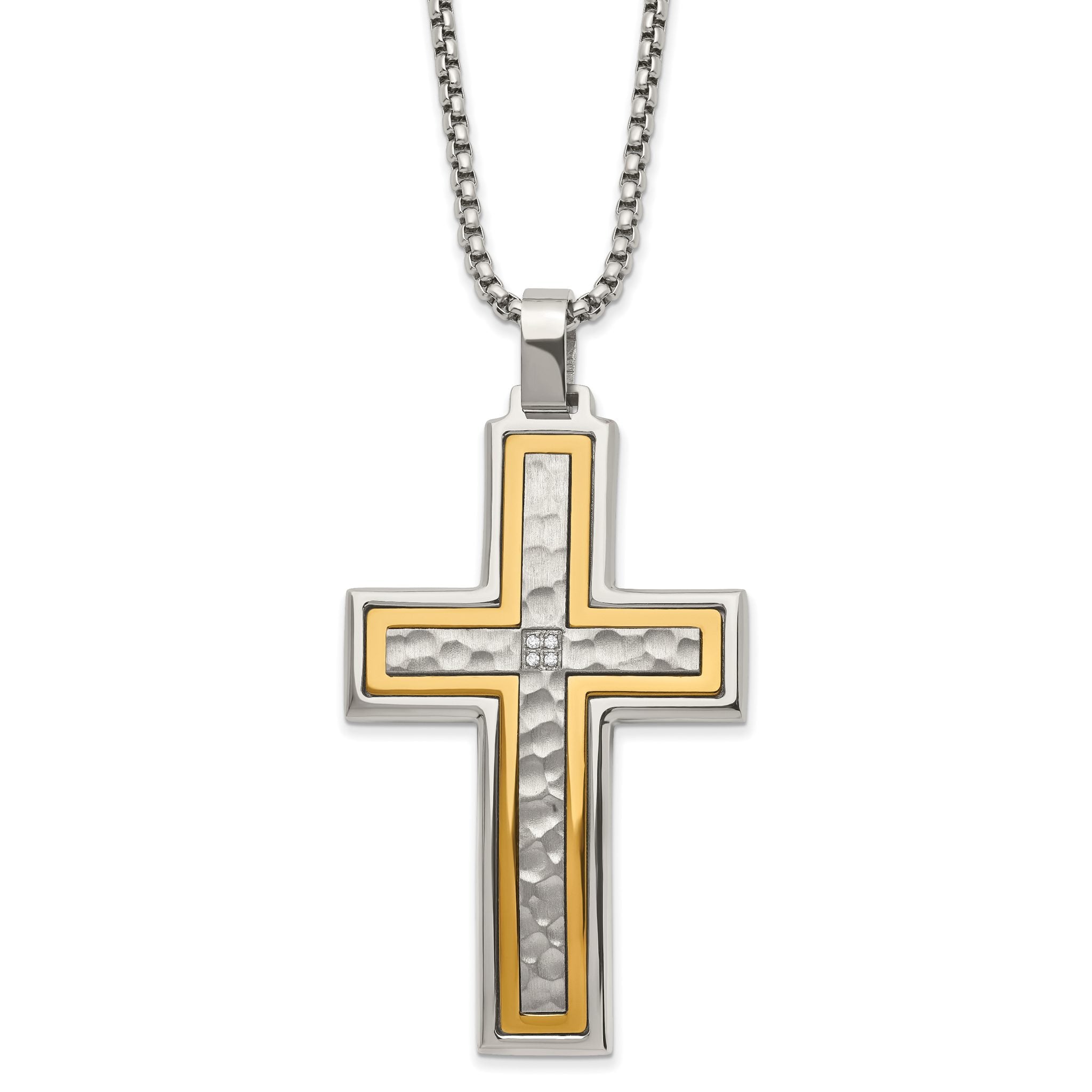 Chisel Stainless Steel Brushed and Polished Yellow IP-plated with CZ Cross Pendant on a 24 inch Box Chain Necklace Main image