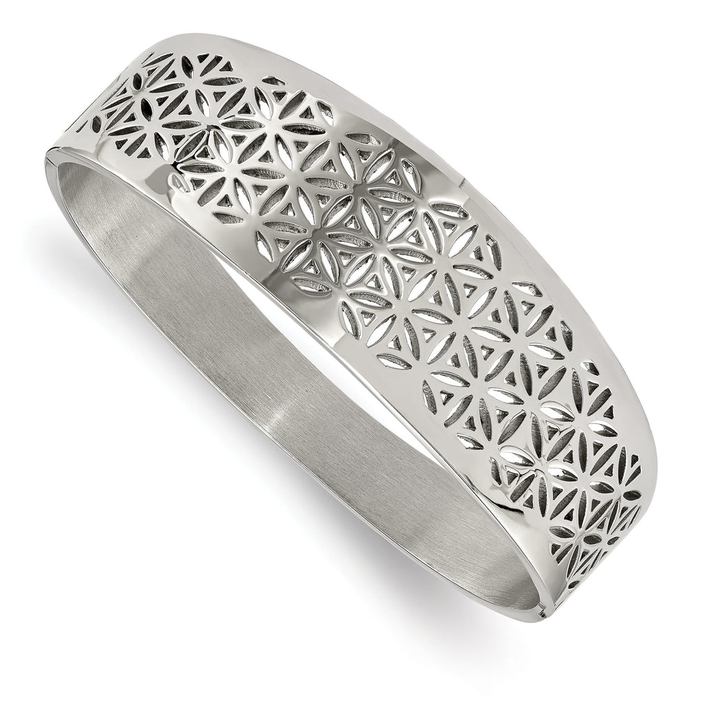Stainless Steel Polished Flower Cut-out Hinged Bangle Bracelet for Women
