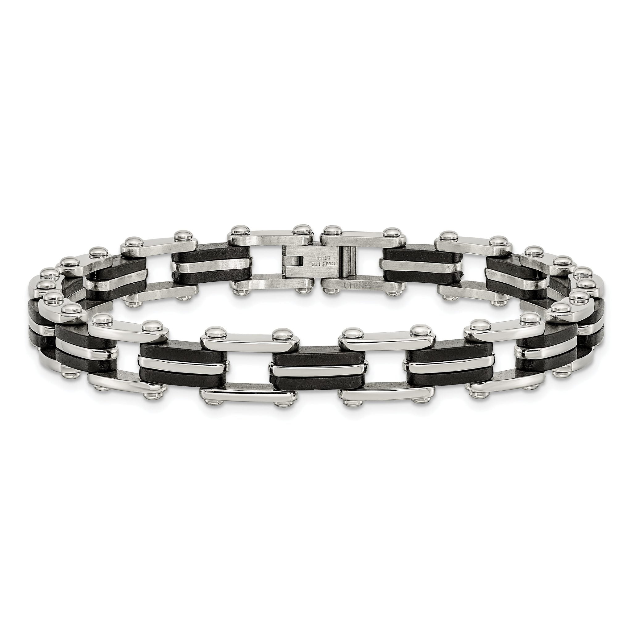 Stainless Steel Polished with Black Rubber Link Bracelet for Men