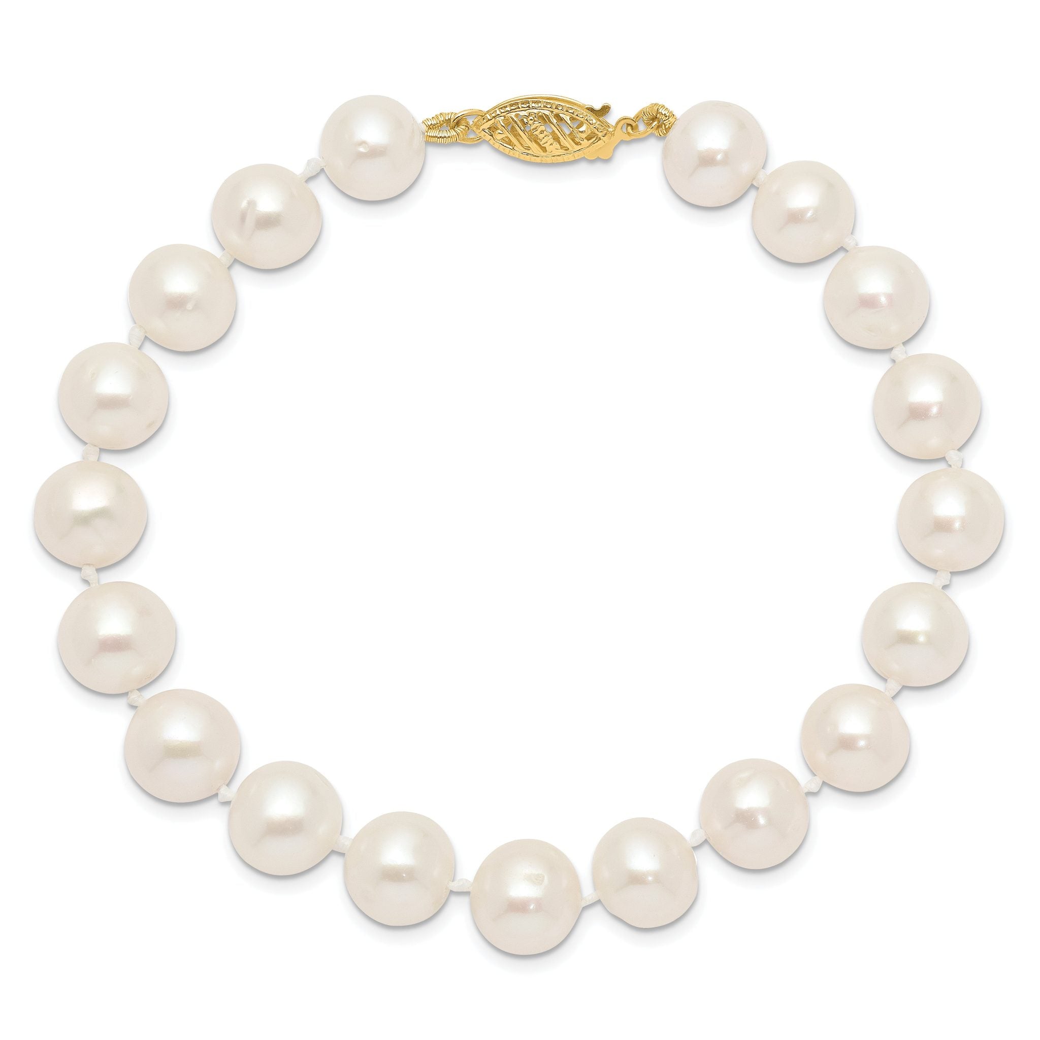 14k 9-10mm White Near Round Freshwater Cultured Pearl 8.25 inch Bracelet