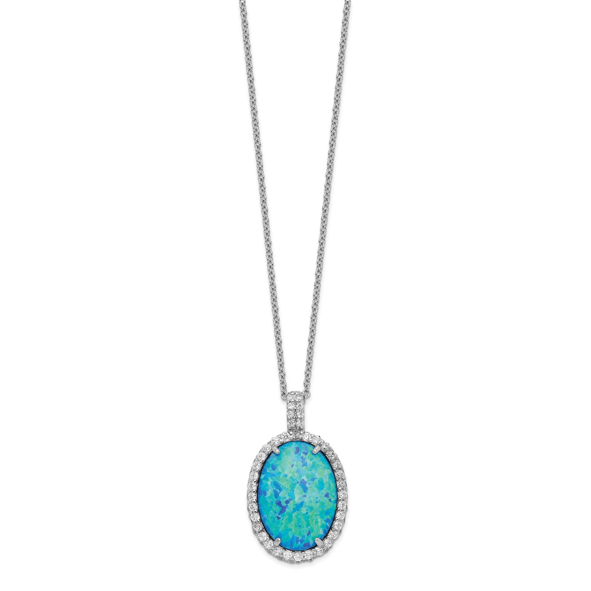 Sophia Jewelers Sterling Silver Necklace with Lab Blue Opal and CZ
