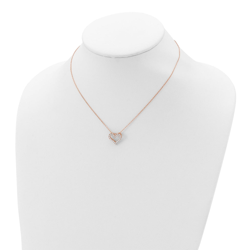 Sterling Silver Rose-tone CZ Heart With  2in ext. Necklace